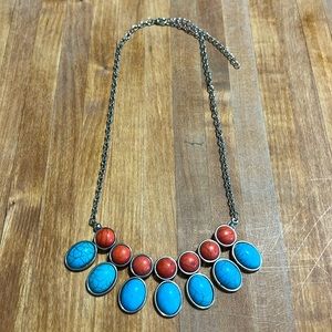 Paparazzi Silver Necklace with Turquoise & Orange Natural Stones, Bib Style Boho